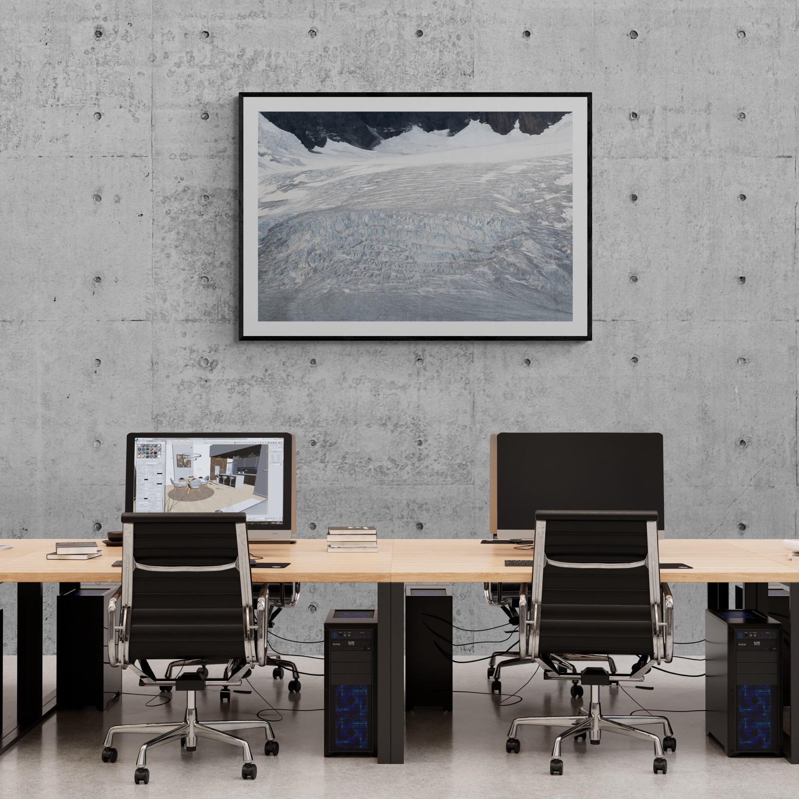 Büroumgebung mit kuratierter Print-Auswahl — Showroom-Beispiel ohla//studio